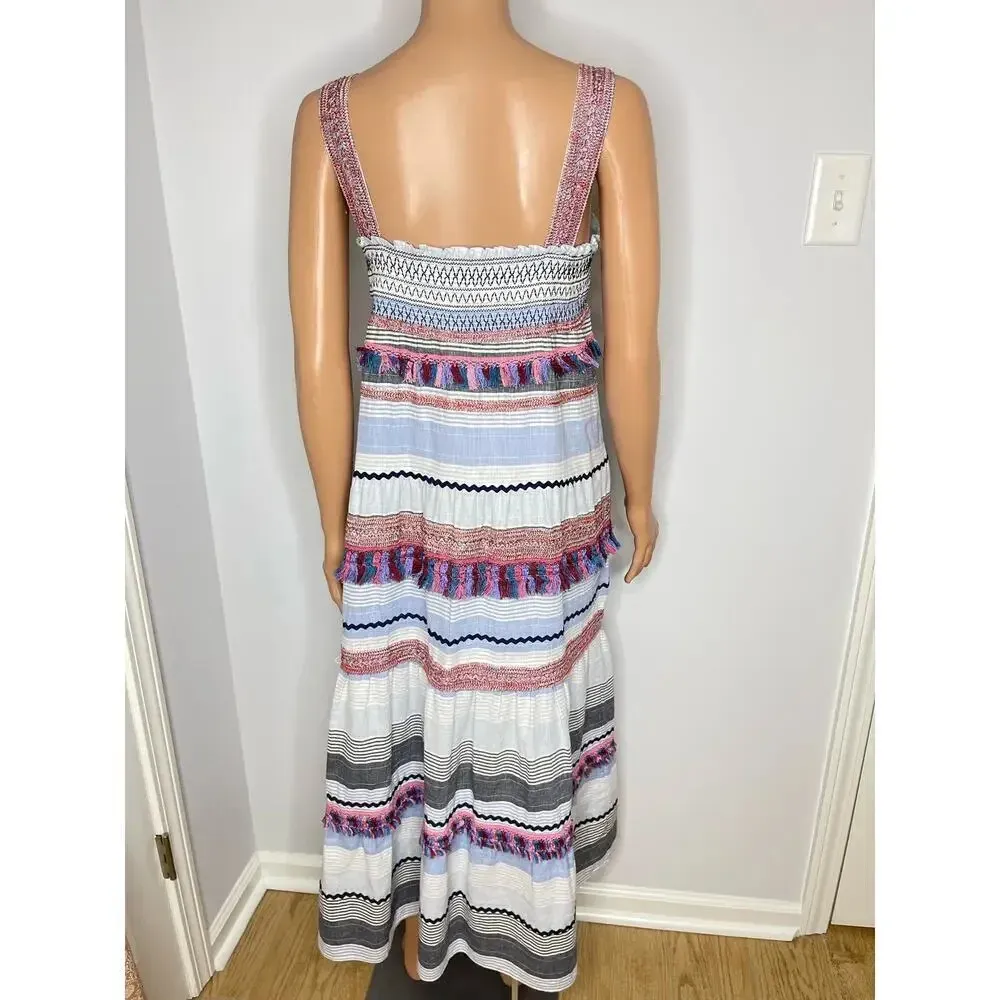 Zara Woman Sleeveless Fringe Midi Dress Red Blue Chambray Summer Boho size M - Image 5