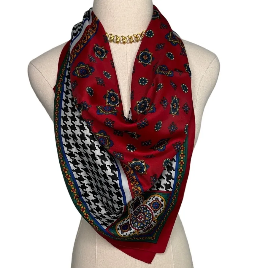 Vintage 1998 Avon Italian made houndstooth luxe print square scarf foulard 30” Red - Image 2