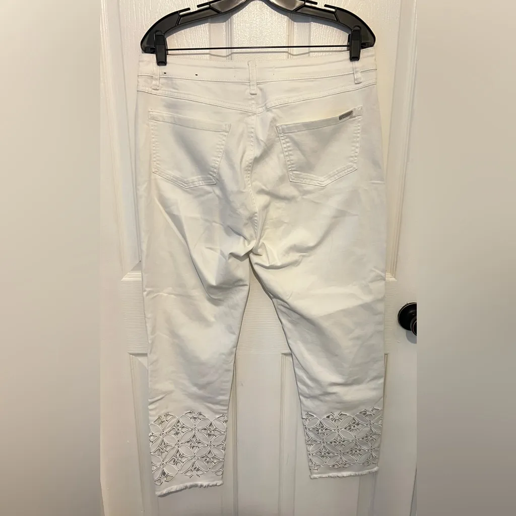 JOSEPH RIBKOFF Women’s White Laser Cut Detail Raw Hem Ankle Skinny Jeans Size 14 - Image 2