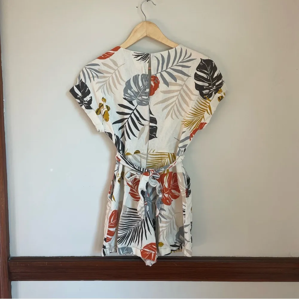 All in Favor  Leaf Print Wrap Linen Blend Romper - Image 3