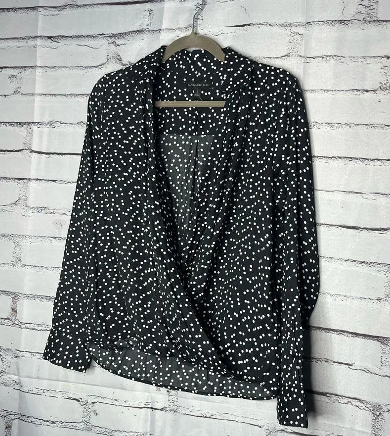 Banana Republic Black White Polka Dot Cowl Neck Surplice Blouse SP Work Casual - Image 8