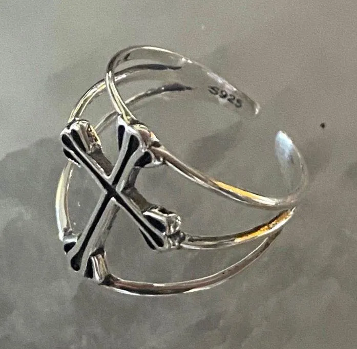Sterling Silver Minimalist Cross Band Ring Adjustable - Image 2