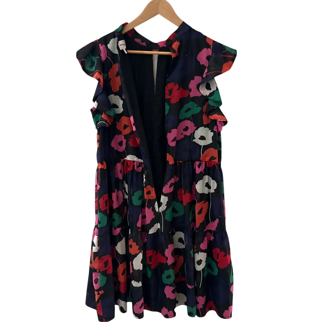 Milly Ruffle Layla Poppy Print Mini Dress Black Multi Dress Size Medium - Image 5