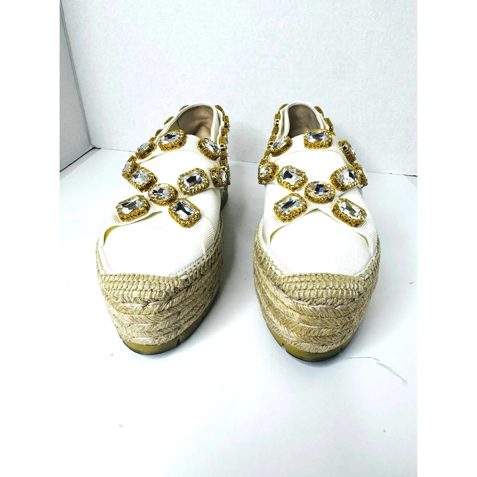 Gucci Ivory Canvas Crystal Embellished Platform Espadrille Resort Shoes EU 39 - Image 8