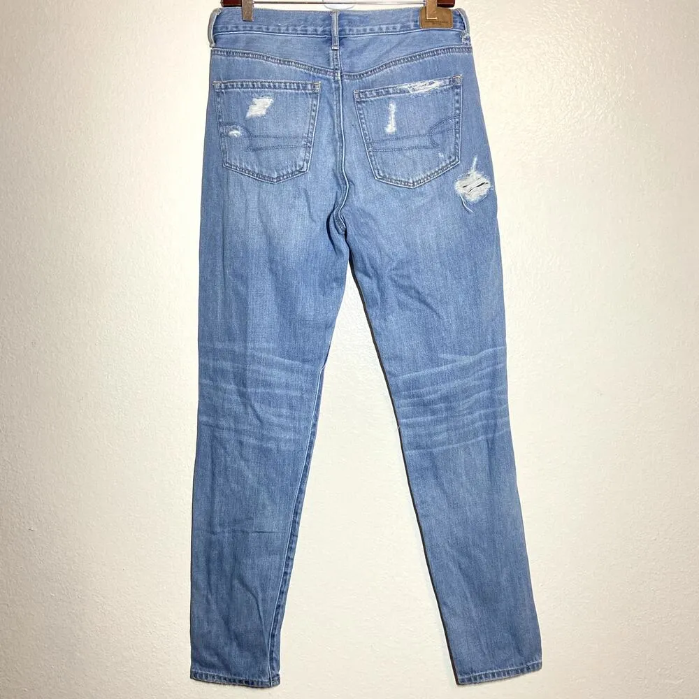 American Eagle Hi Rise Girlfriend Jeans 100% Cotton Distress Light Wash 8 XLong Blue - Image 8