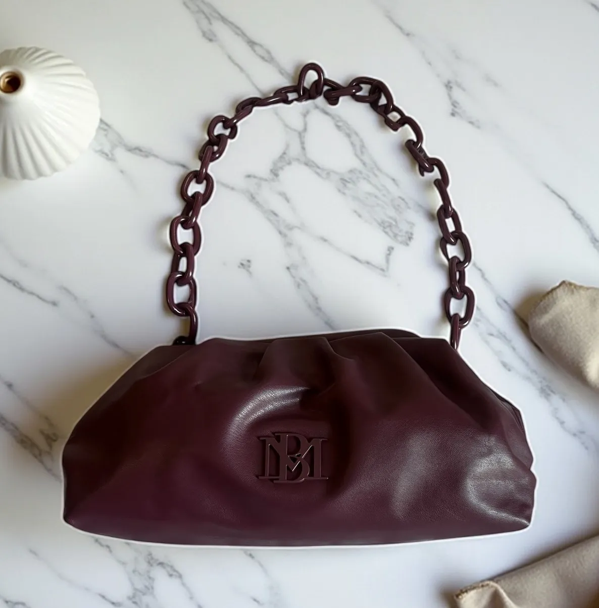 Badgley Mischka Wrapped Frame Clutch Plum Shoulder Bag Chain Handle Elegant - Image 1
