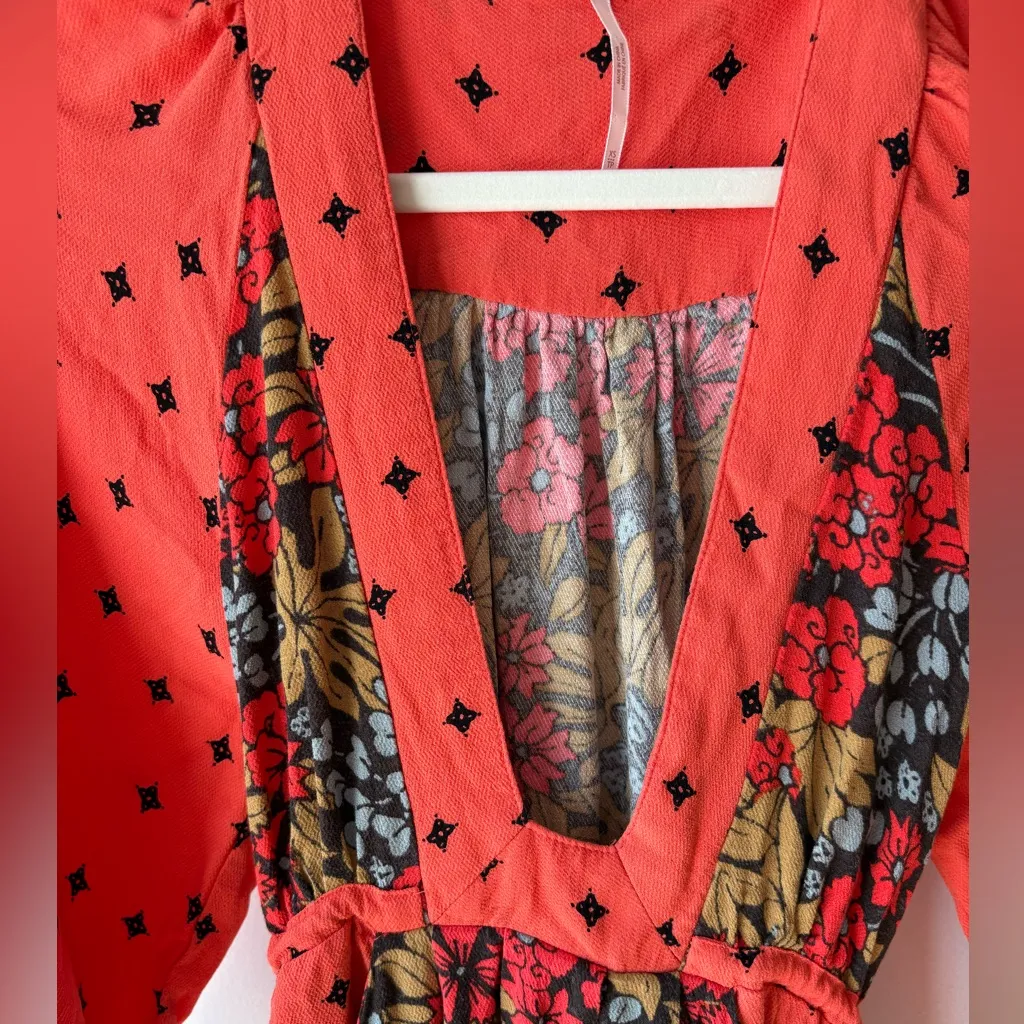 Free People Red and Black Floral Long Sleeve Dress - Image 3