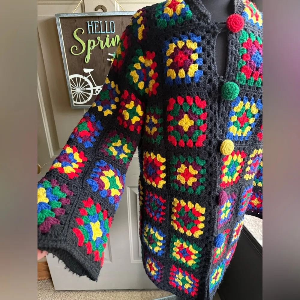 Rare vintage handmade colorful patchwork crochet blanket coat, size medium Multiple - Image 11