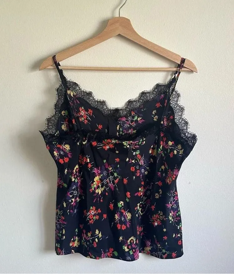 Veronica Beard Gil Floral Print Silk Cami w/Lace in Black Multi Size 12 - Image 2