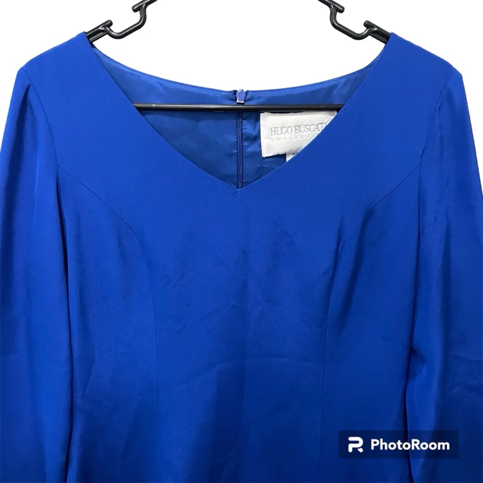 Y2K Hugo Buscati Collection Cobalt Blue Silk Dress Lined V-Neck Front Slit 4 - Image 4