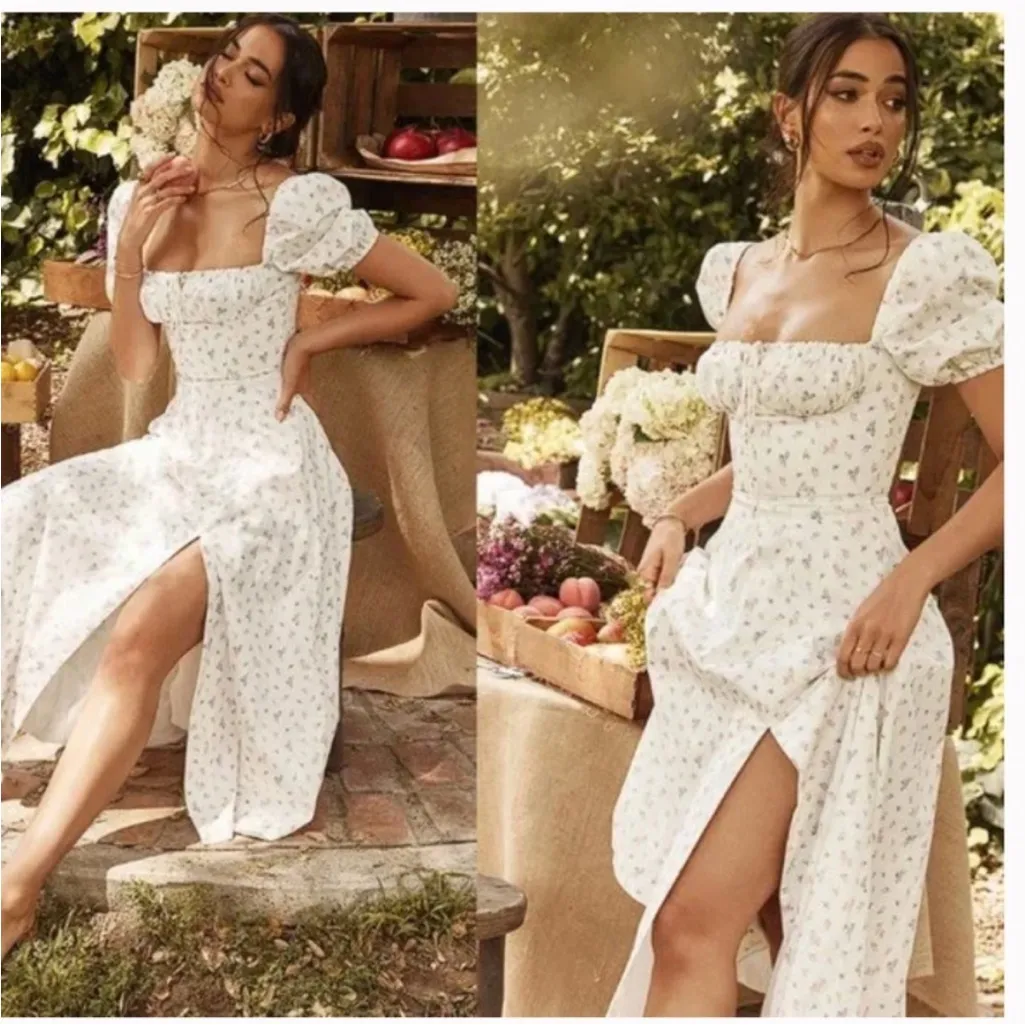 HOUSE OF CB 'Tallulah' White Floral‎ Puff Sleeve Midi Dress NWOT L - Image 10