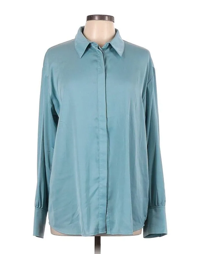 Blue Button Down Blouse — Silk Feel — Small - Image 2