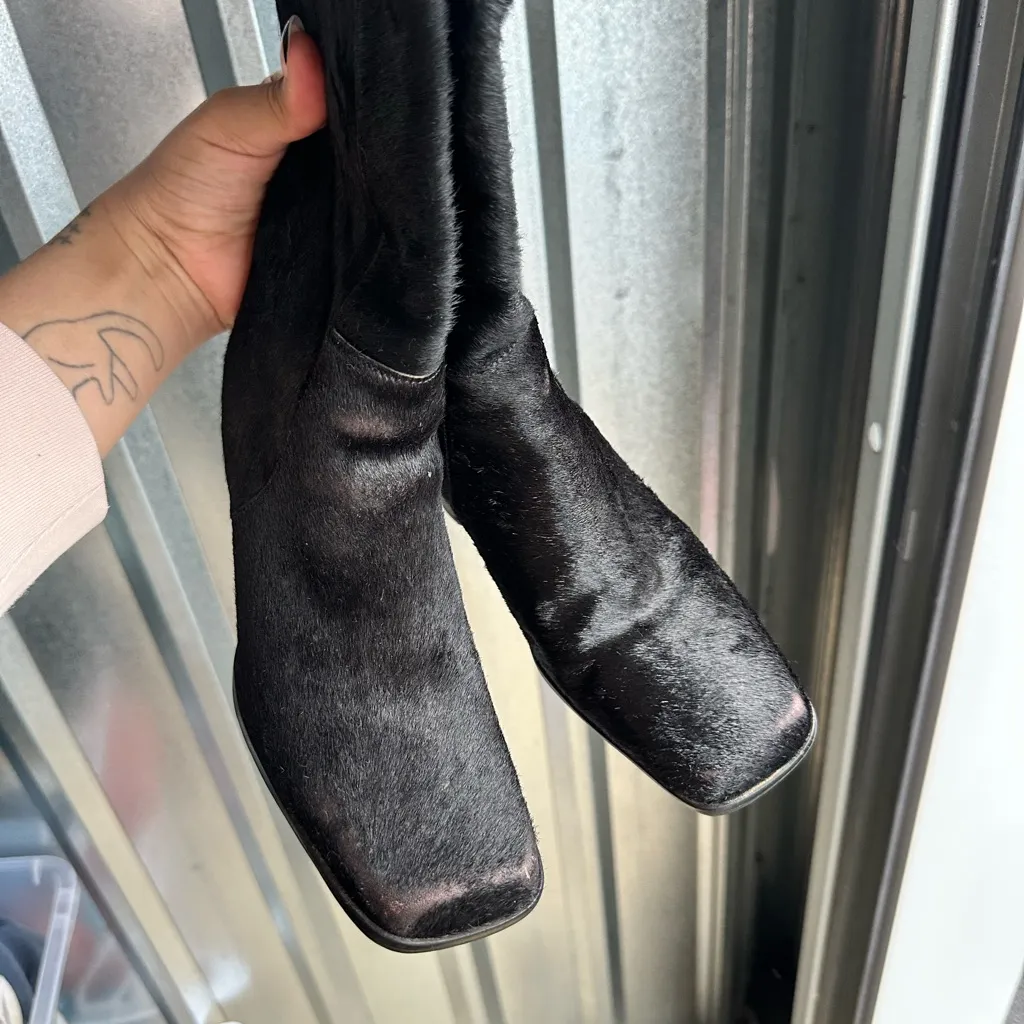 Vintage 90s\y2k Pony Hair Leather Square Toe Boots Size 5.5 Women’s Black - Image 4