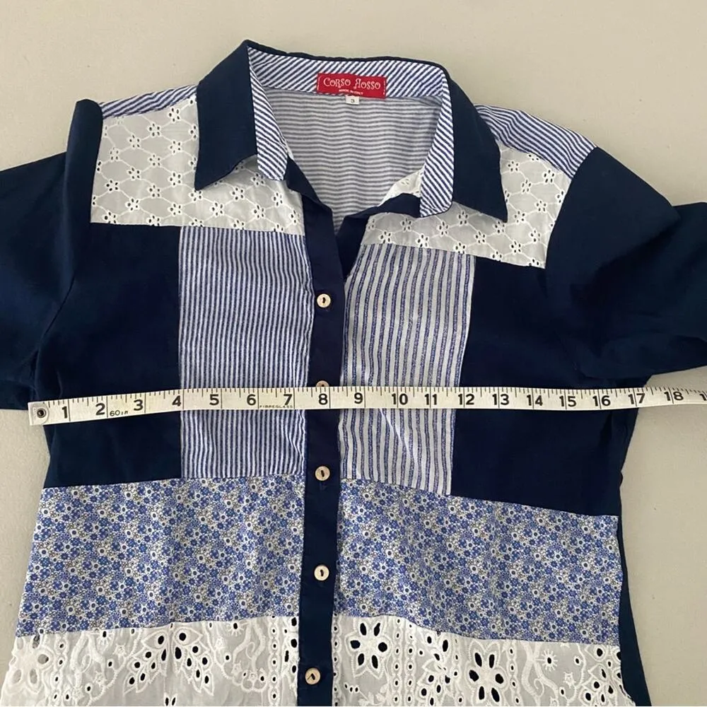 Cottagecore Blue Patchwork Eyelet Floral Striped Button - Image 7