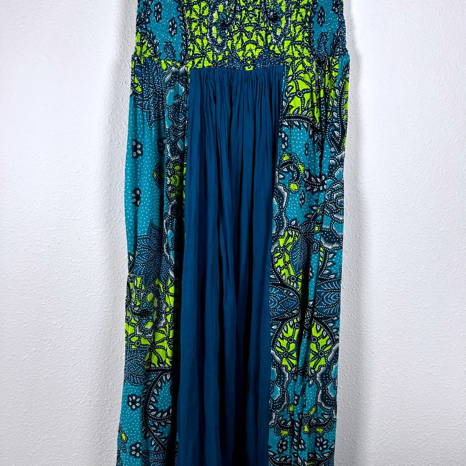 French Connection Strapless Tube Top Smocked Sundress Teal Blue Green Print Boho - Image 8