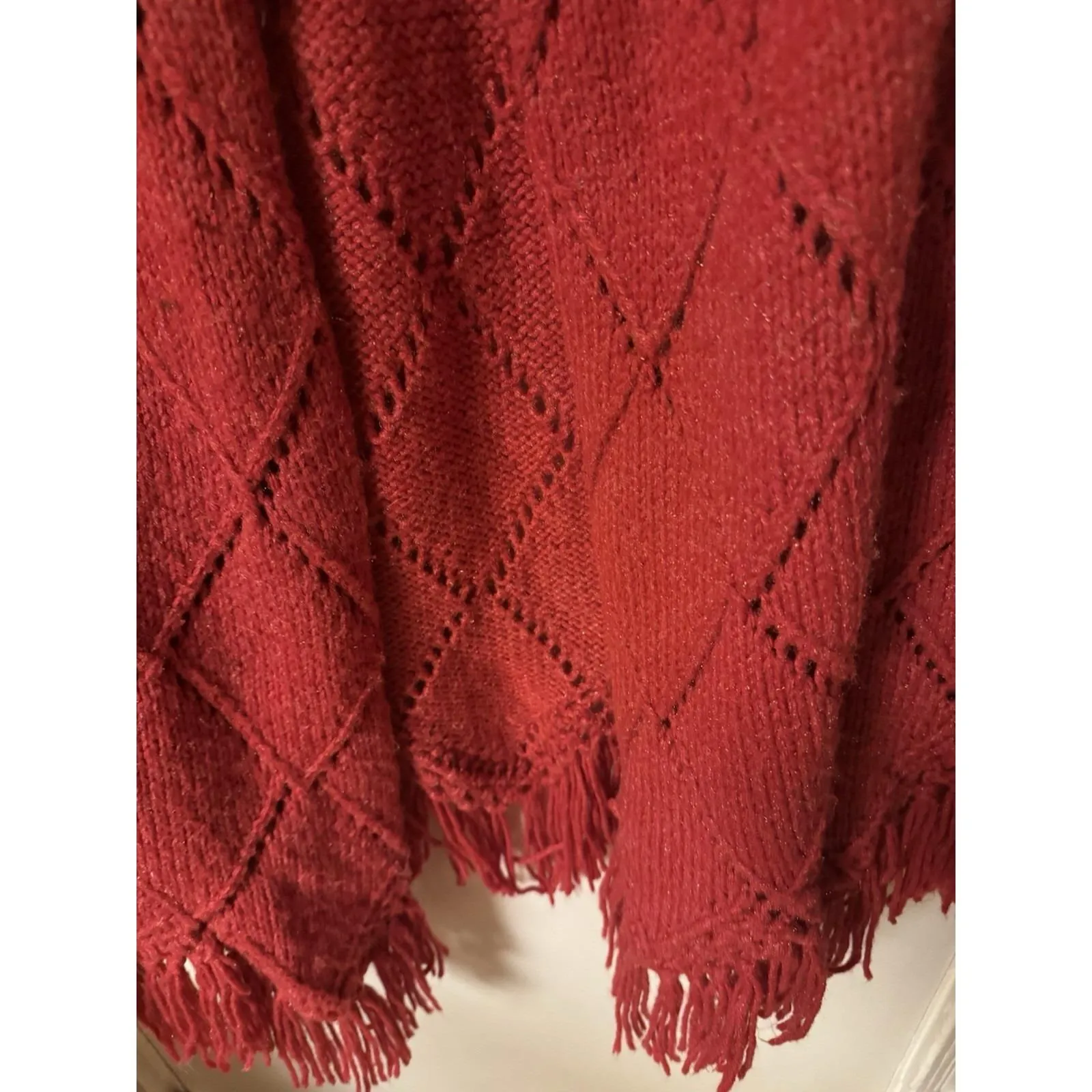 Vintage 1960-1970's Red Hand Knit One Of A Kind Caplete With Fringe - Image 5