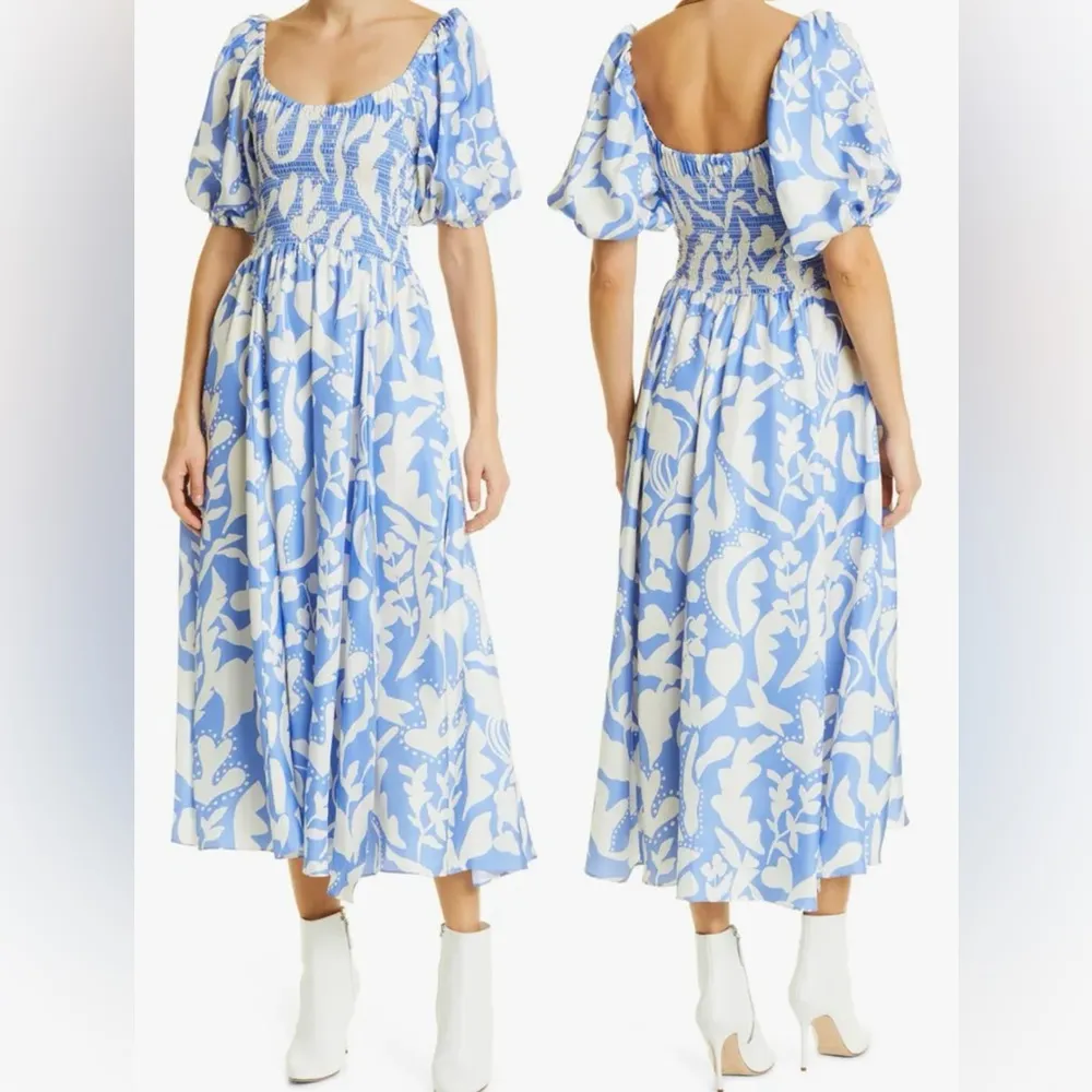 NWT LA LIGNE Lola Floral Silk Midi Dress In French Blue/ Ivory White Size M - Image 2