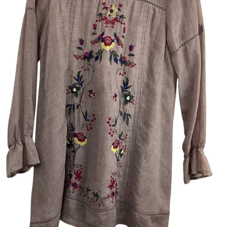 Umgee USA Embroidered Floral Long Sleeve Tunic Dress Tan Size M Brown Size M - Image 6