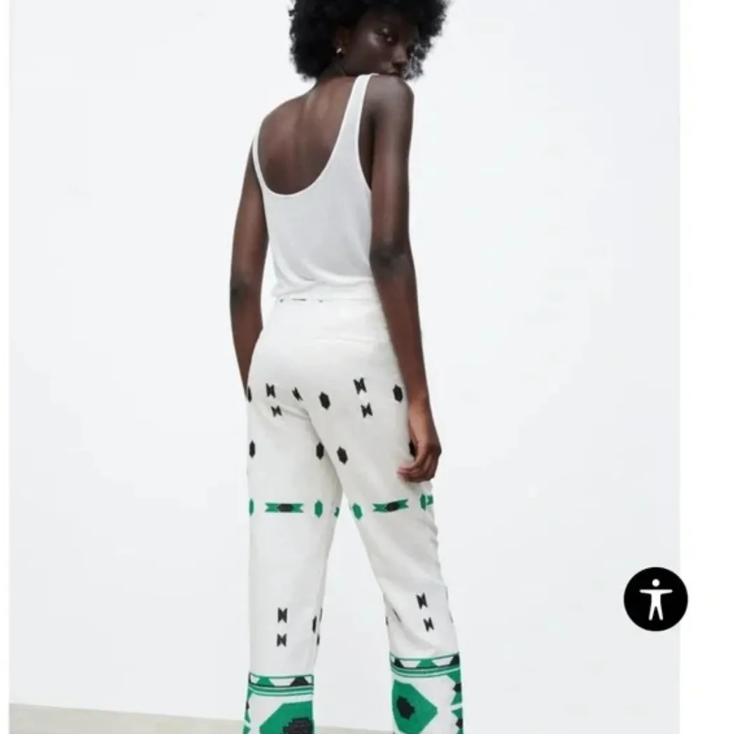 Zara White & Green Geometric Embroidered Linen Pants Small Coastal Bohemian - Image 7