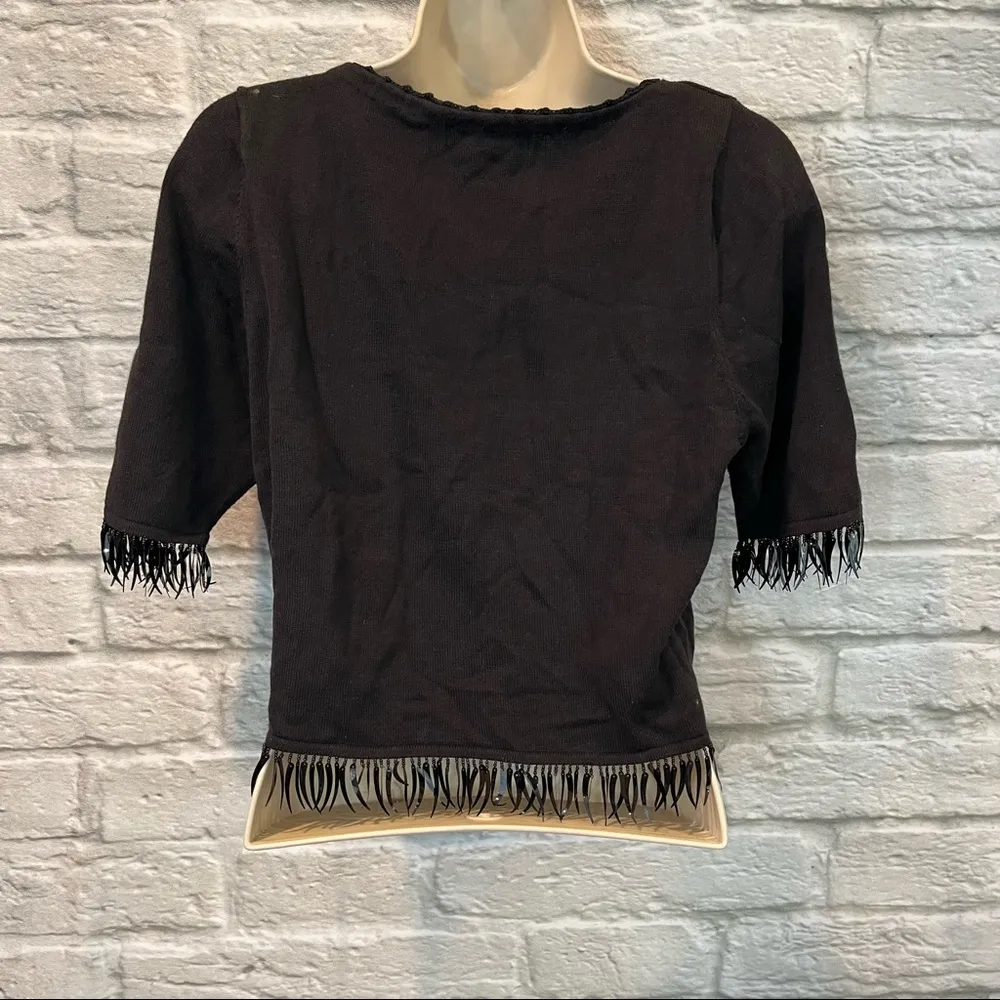 Vintage 90’s Betsy Johnson Black Knit Cropped Cardigan Top w/ Beaded Fringe US4 - Image 2