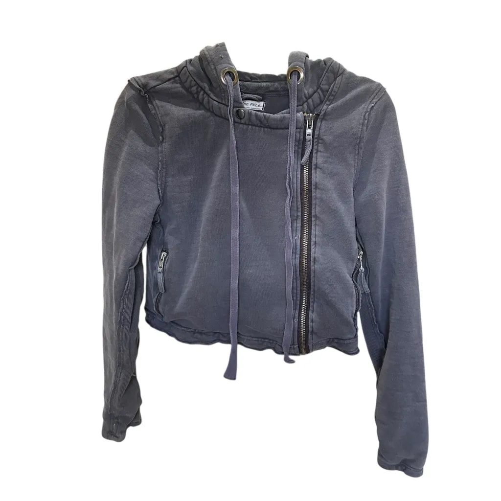 Free People We The Free Moto Hoodie Jacket Dark Gray Cropped Grunge Distressed S - Image 6
