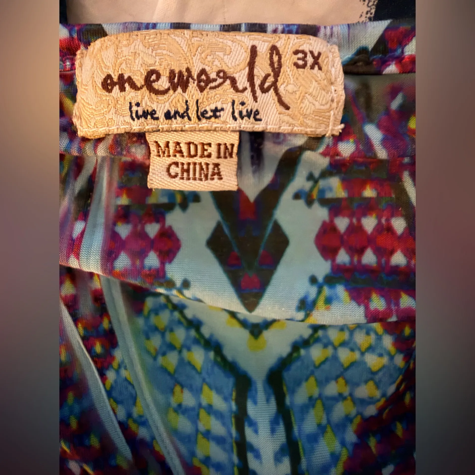 ONE WORLD Purple and Blue Patterned V-Neck Embellished Blouse NWOT - Image 4