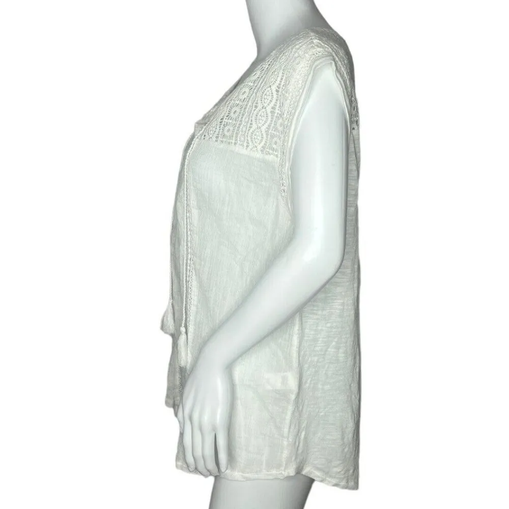 Lucky Brand Blouse Women's Medium White‎ Crochet Tassels Boho Chic Bohemian - Image 3