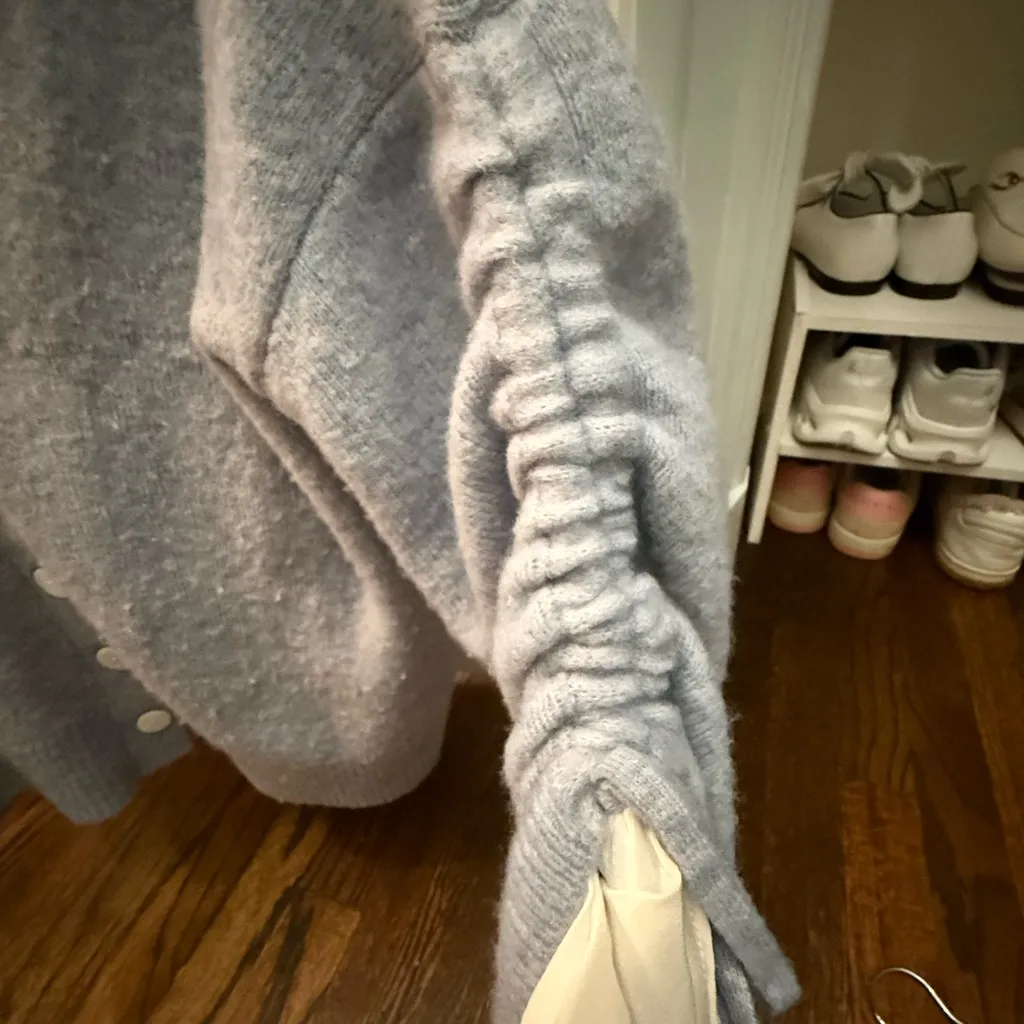 Cinq a Sept Light Pale Blue Wool Cardigan with cream silk and lace accent sle - Image 3