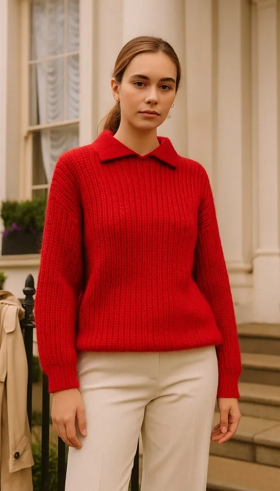 Vintage Handloomed Ireland Mohair Wool Sweater Red Chunky Knit Collared Pullover Size M - Image 1