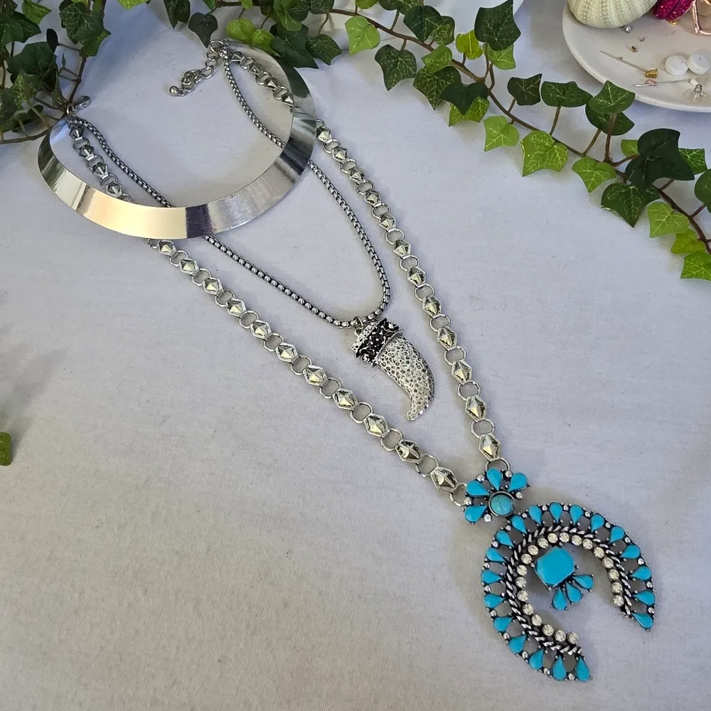 Statement Silver 3 Strand Western Boho Necklace Blue - Image 2