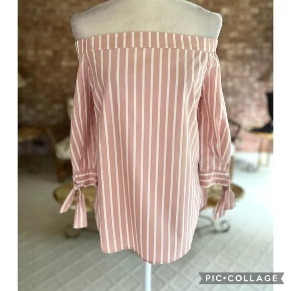 Potter’s Pot Top Off the Shoulder Striped Pink S Chic Preppy Brunch Boho Chic - Image 2