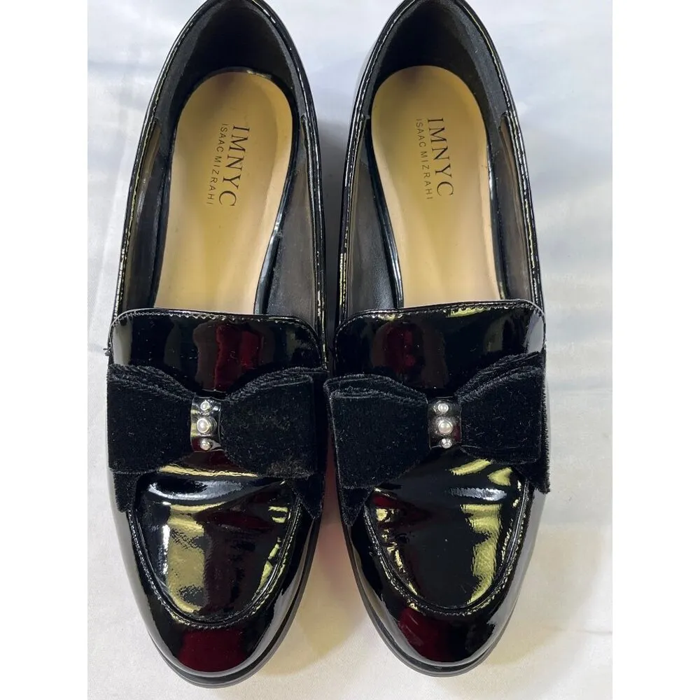Isaac Mizrahi Womens Black Patent Leather Loafers With Velvet Bow Size 7 SKU 730 - Image 5