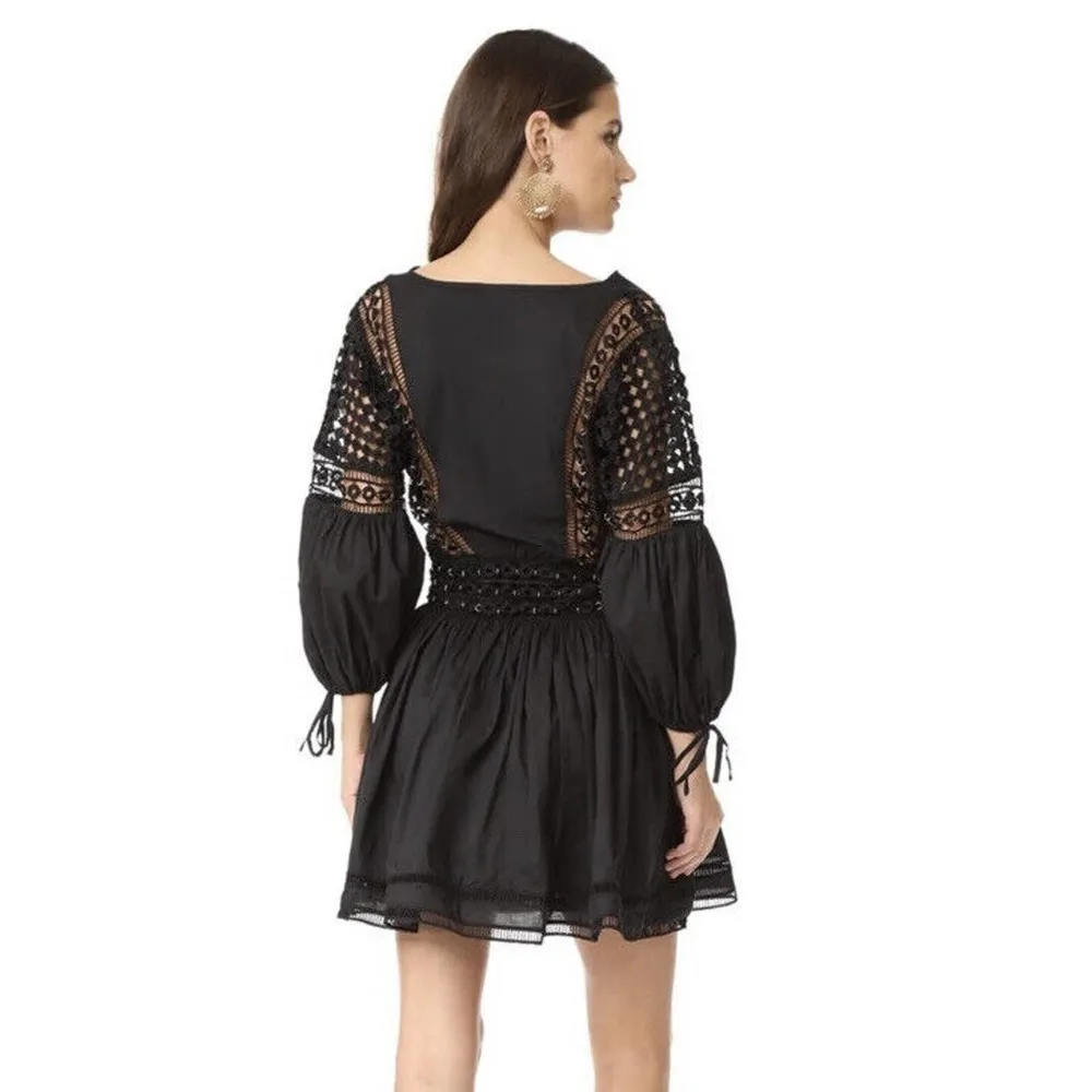Womens ENDLESS ROSE Flared Boho Dress Crochet Trim Metal Detail Black Sz S $146 - Image 3