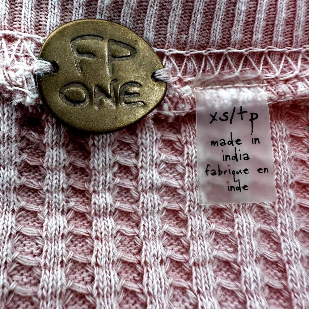 Free People Tasha Thermal Top Waffle Knit Lace Up Crew Neck Puff Sleeve Pink XS - Image 3