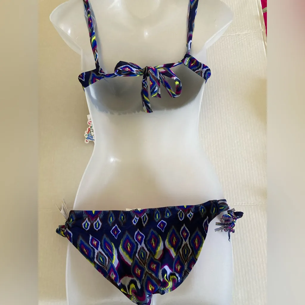 Becca Navy Multicolor Abstract Pattern Mesh Bralette with Fringe Bikini - Image 11