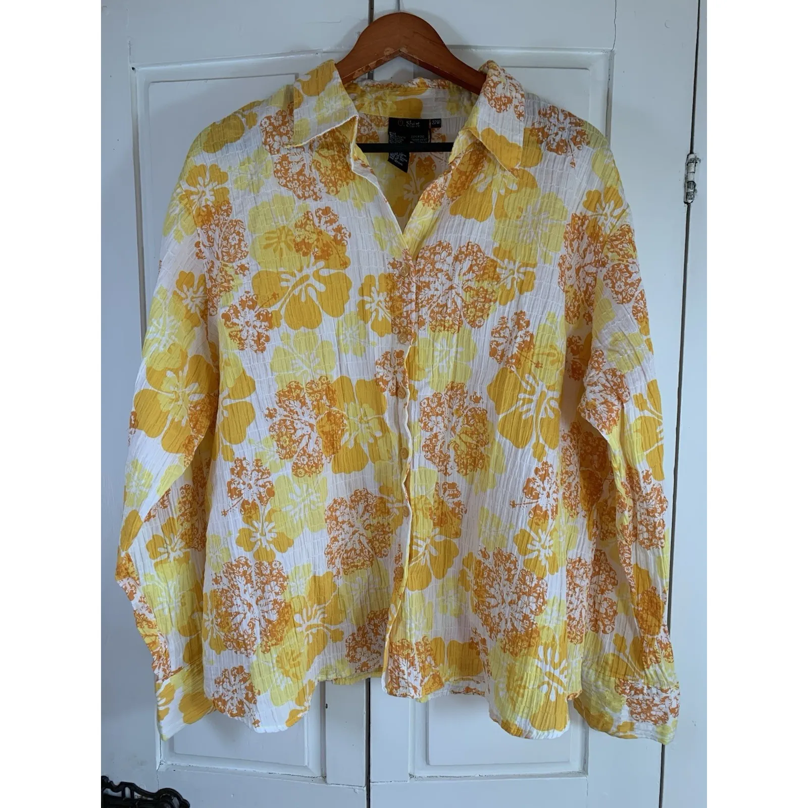 O Shirt Happy Yellow Crinkle Gauze‎ Blouse Womens Plus Size 22W Button Up Church - Image 2