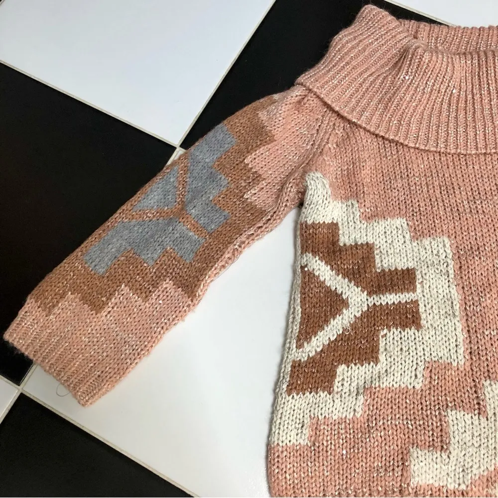 Oversized Knit Sweater Cowl Neck Sequins Dusty Rose Pink Aztec Print XS - Image 6