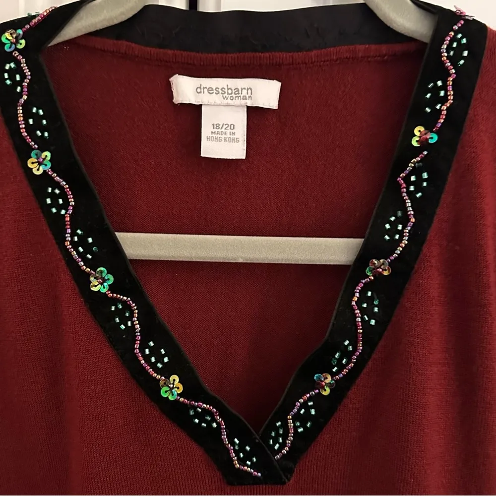 dressbarn Dark Red Sweater with Bead and Sequin Velvet V-Neckline Size 18/20 - Image 2