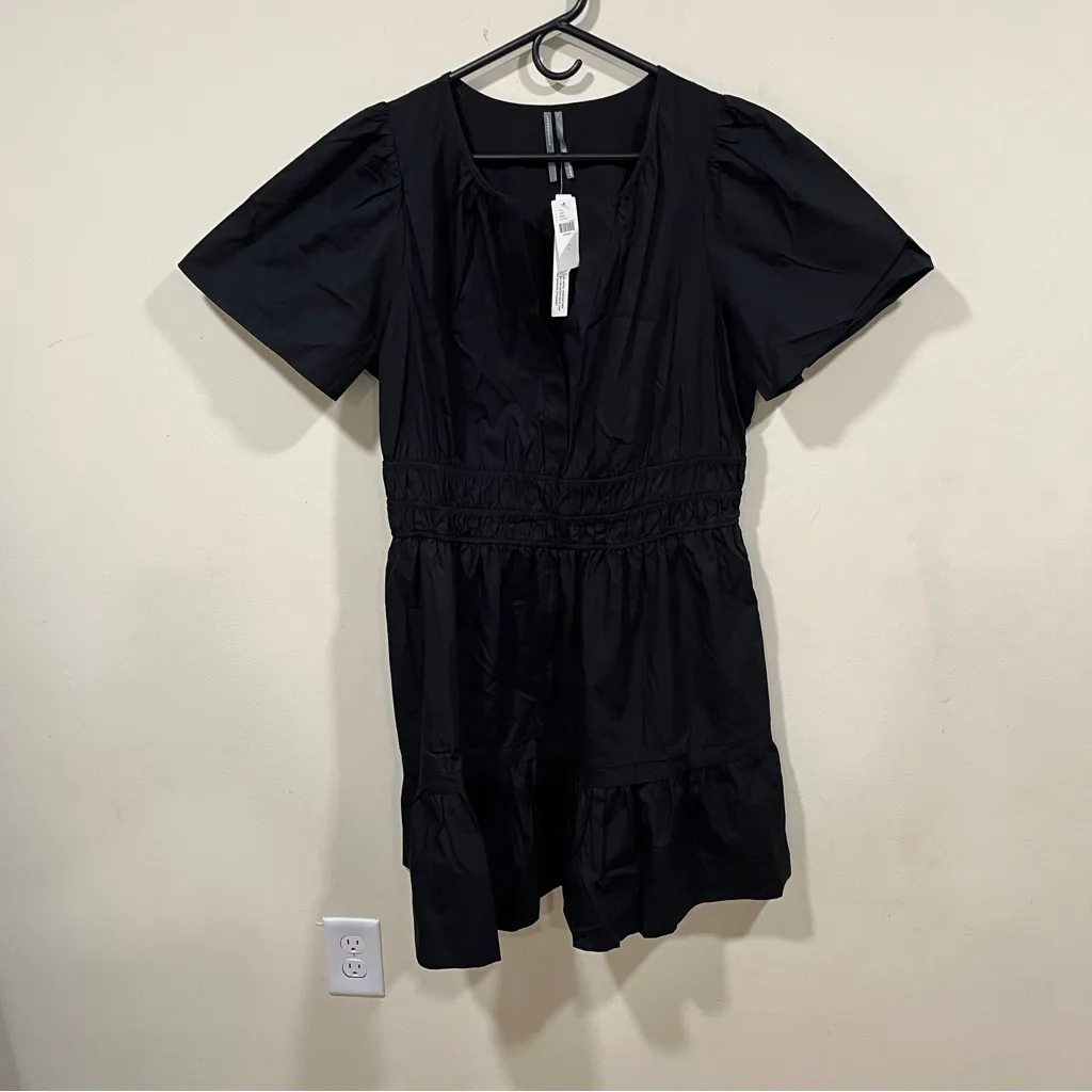 NWT Anthropologie Somerset Mini Dress Black Poplin Elastic Waist Short Sleeve L - Image 3