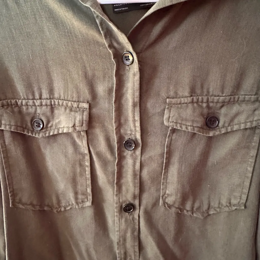 Zara Woman Premium Denim Green Button Down Military Utility Shirt Medium - Image 7