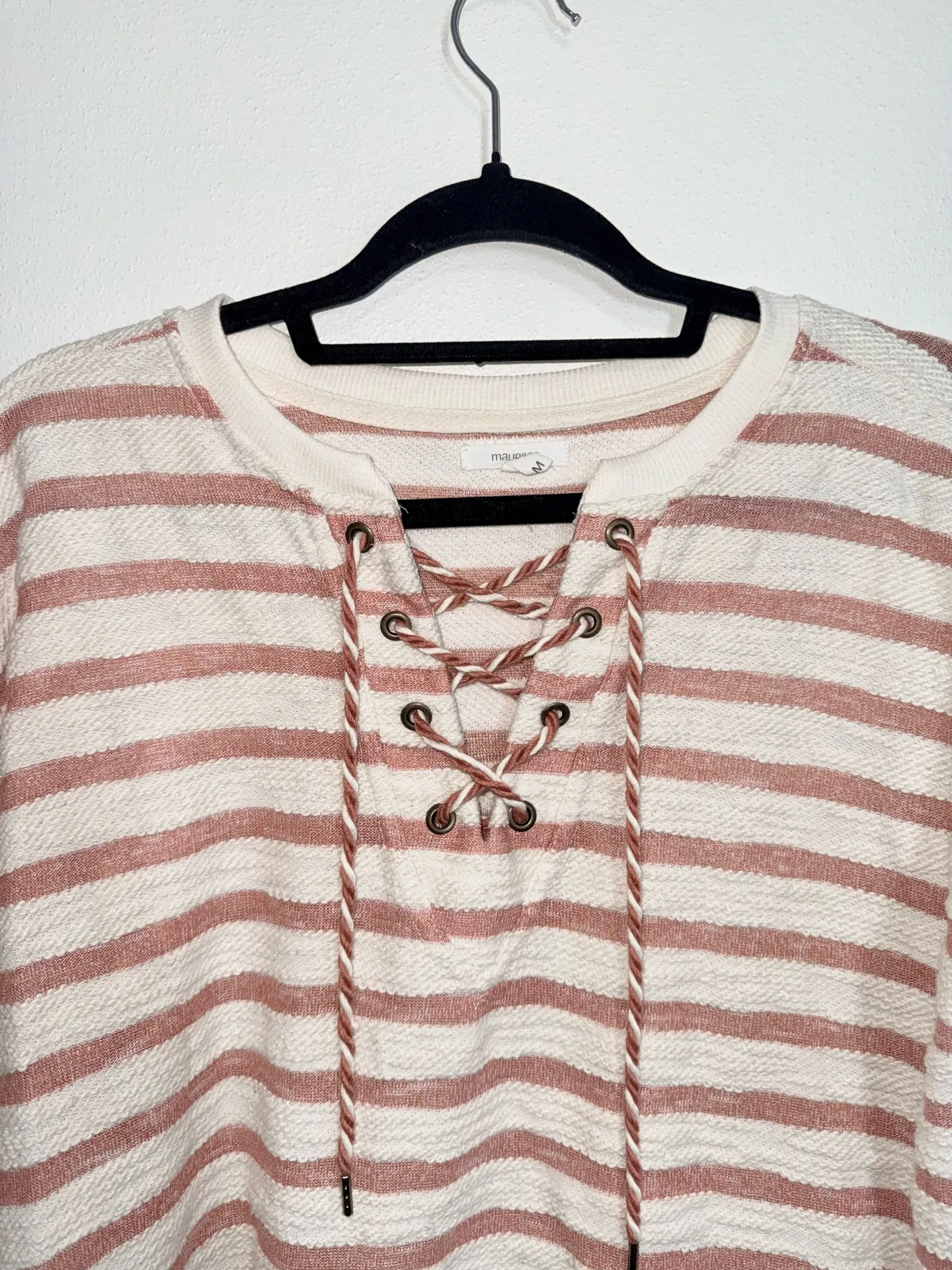 Maurices Striped Lace-up Sweatshirt Cream & Salmon Pink Terry - Image 2