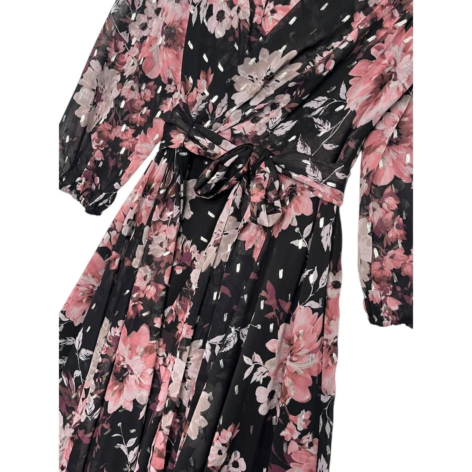 Eliza J Dress Womens 6 Black Pink Floral Maxi Wrap Chiffon Metallic Wimsigoth - Image 8