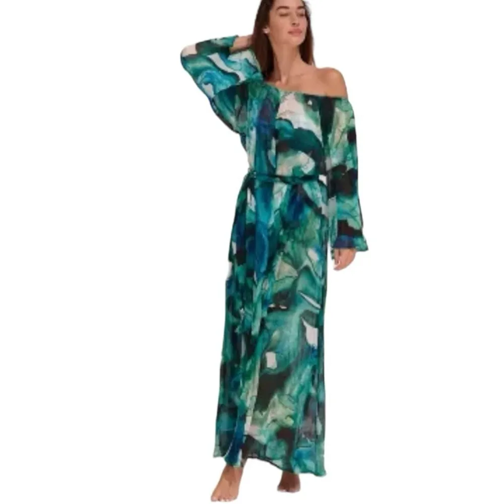 VILLA FRESCA Malia Off The Shoulder Micro Pleated Maxi Dress Blue Size 4X NEW - Image 16