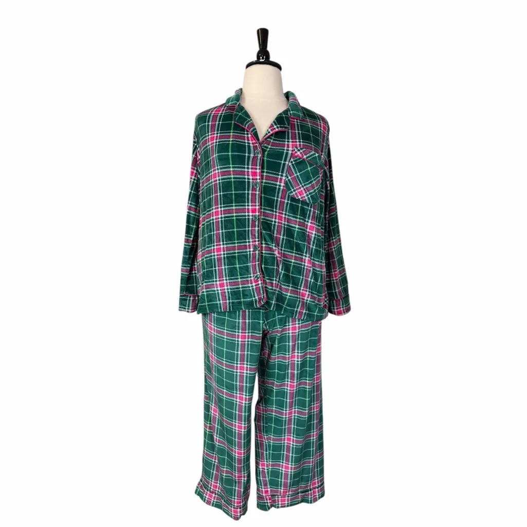Joyspun Pajama Top Pant Set Button Front Green Pink Plaid Fleece Women’s Size 2X - Image 12