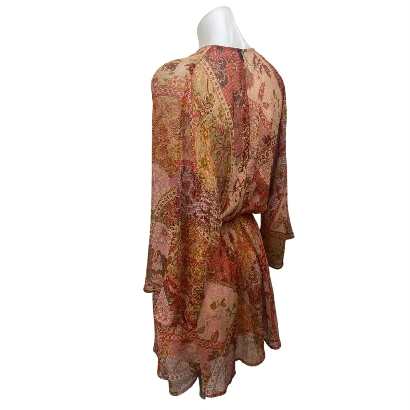 MNG Mango Coral Floral Patchwork Print Long Sleeve V Neck Mini Blouson Dress 0 - Image 2