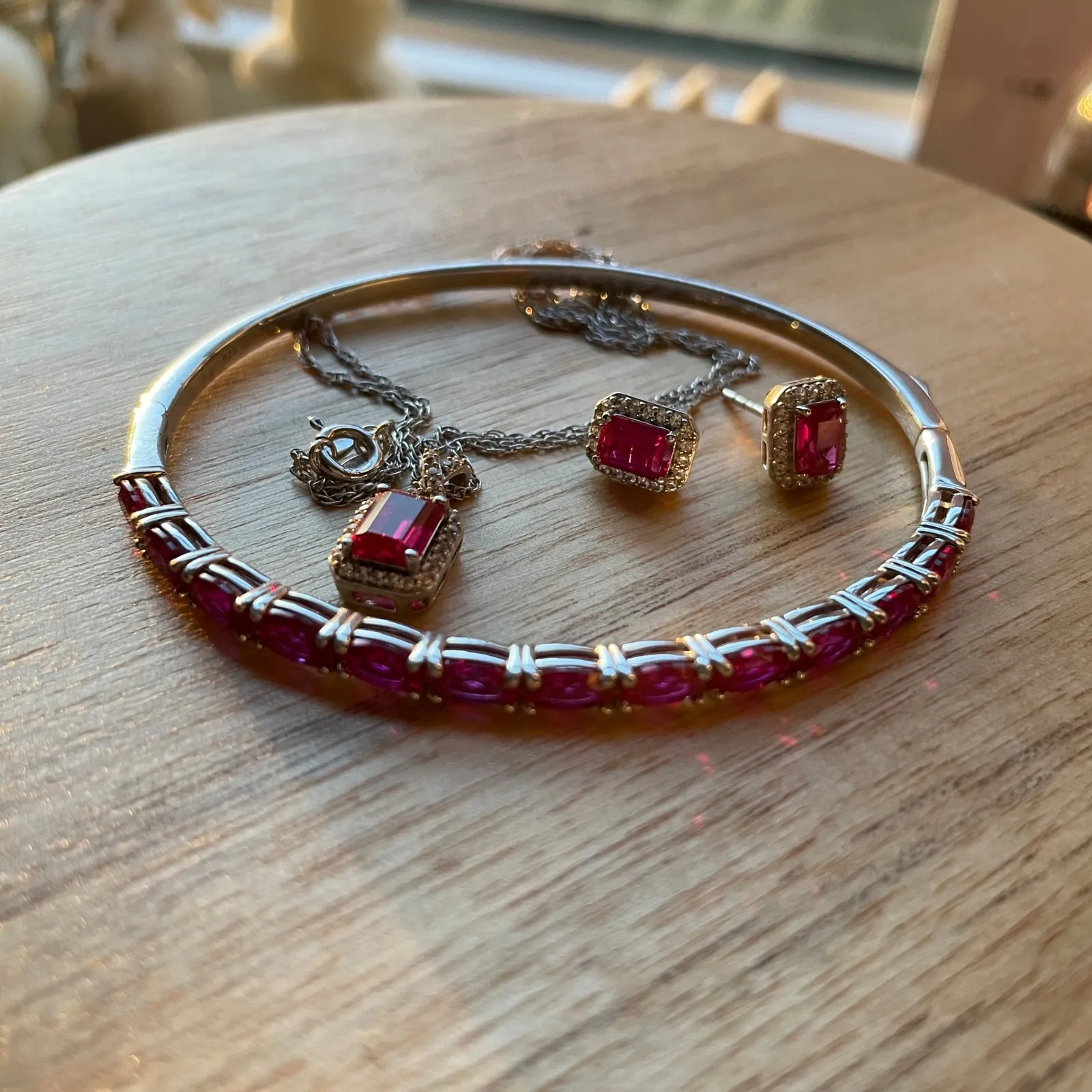 Sterling Silver Pink Tennis Bracelet Necklace Earring Set Emerald Cut Clean Girl - Image 2