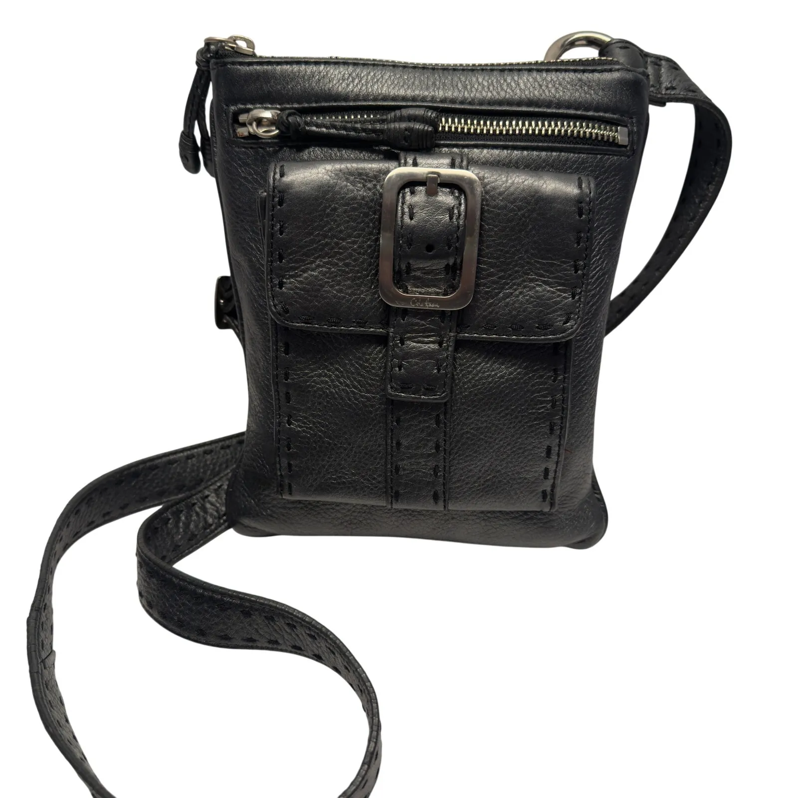 Cole Haan Black Leather Crossbody Bag Silver Hardware Minimalist Travel Compact - Image 2