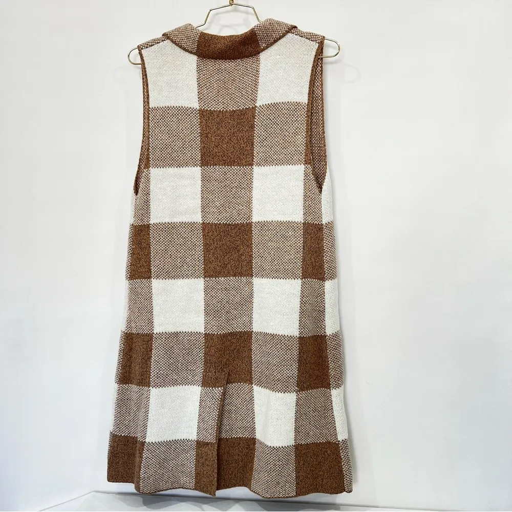 Open Front Sweater Vest Size Medium Plaid Checks Khaki/Cream Beige Cable Knit - Image 7