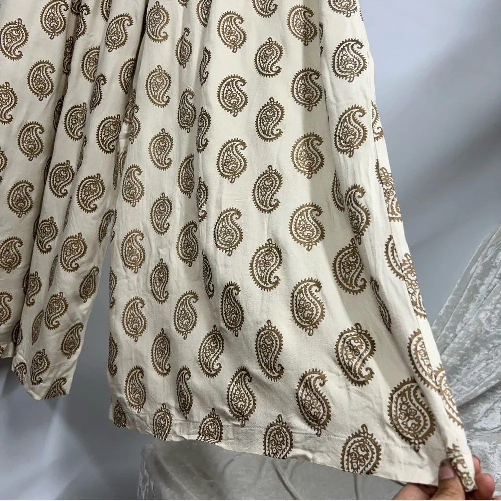 Paisley Cream l/xl wide flare leg pants resort wear elastic waist drawstring Brown - Image 5