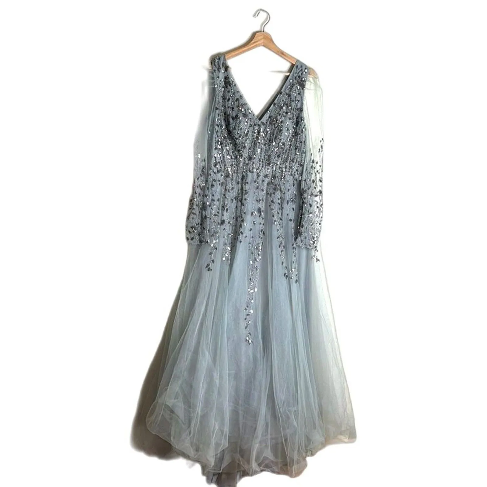 Mac Duggal EMBELLISHED V NECK LONG SLEEVE A LINE GOWN in platinum blue size 12 - Image 3